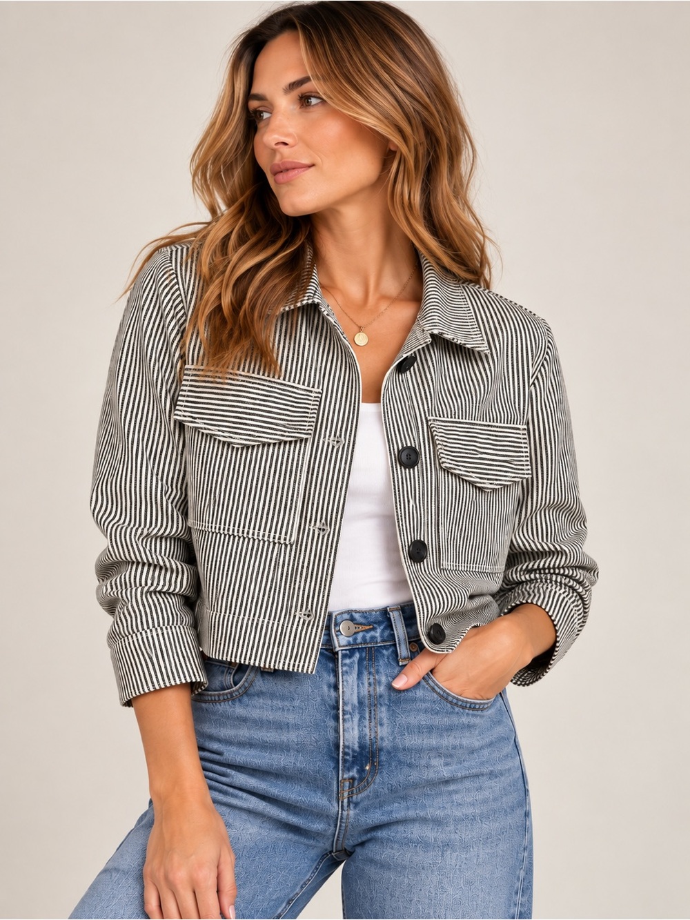 FIFTEEN TWENTY cropped striped utility shirt jacket boxy minimalist chore Large
